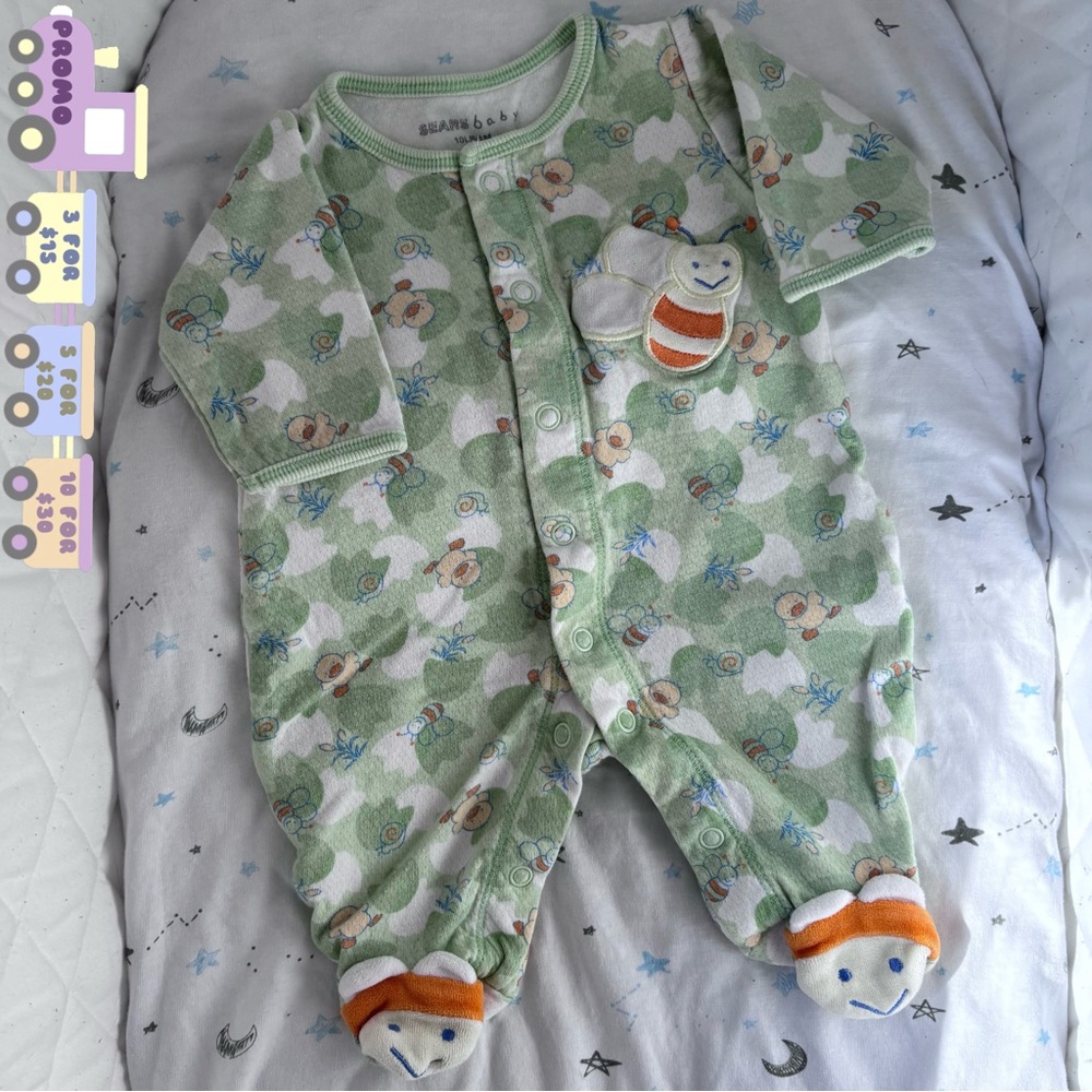 ⭒ 1M Sears Green Camouflage Footies Duck Bee Fun Patchwork Slippers Button-Up ⭒